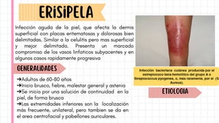 Erisipela
Infección aguda de la piel, que afecta la dermis
superficial con placas eritematosas y dolorosas bien
delimitadas. Similar a la celulitis pero mas superficial
y mejor delimitada. Presenta un marcado
compromiso de los vasos linfaticos subyacentes y en
algunos casos rapidamente progresiva
Generalidades
ETIOLOGIA
➔Adultos de 60-80 años
➔Inicio brusco, fiebre, malestar general y astenia
➔Se inicia por una solución de continuidad en la
piel, de forma brusca
➔Las extremidades inferiores son la localización
más frecuente, unilateral, pero tambien se da en
el area centrofacial y pabellones auriculares.
 