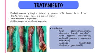 Desbridamiento quirúrgico intenso y precoz (<24 horas, lo cual es
directamente proporcional a la supervivencia).
Amputaciones si es preciso
Antibioterapia de amplísimo espectro
Tratamiento
Combatirse:
Gram positivos(Vancomicina,
daptomicina, linezolid, tigeciclina)
Gram negativos (Pseudomonas,
proteus) ( Imipenem o meropenem,
ceftriaxona)
Anaerobio (Metronidaol,
clindamicina, penicilina G)
 