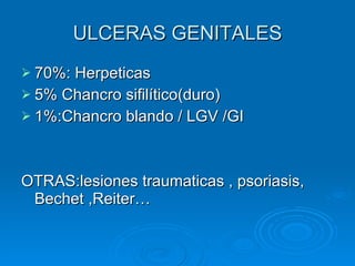 ULCERAS GENITALES 70%: Herpeticas 5% Chancro sifilítico(duro) 1%:Chancro blando / LGV /GI OTRAS:lesiones traumaticas , psoriasis, Bechet ,Reiter… 