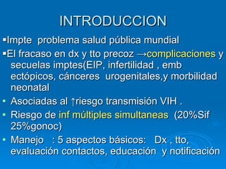 INTRODUCCION  Impte  problema salud pública mundial  El fracaso en dx y tto precoz  -> complicaciones  y secuelas imptes(EIP, infertilidad , emb ectópicos, cánceres  urogenitales,y morbilidad neonatal Asociadas al  ↑ riesgo transmisión VIH . Riesgo de  inf múltiples simultaneas   (20%Sif 25%gonoc) Manejo  : 5 aspectos básicos:  Dx , tto, evaluación contactos, educación  y notificación  