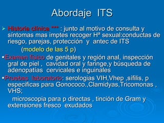 Abordaje  ITS Historia clínica  ***  : junto al motivo de consulta y síntomas mas imptes recoger Hª sexual:conductas de riesgo, parejas, protección  y  antec de ITS ( modelo de las 5 p )  Examen físico  de genitales y región anal, inspección gral de piel ,  cavidad oral y faringe,y búsqueda de adenopatías  cervicales e inguinales   Pruebas  laboratorio : serologias VIH,Vhep ,sífilis, p especificas para Gonococo.,Clamidyas,Tricomonas , VHS;  microscopia para p directas , tinción de Gram y extensiones fresco  exudados 