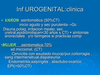 Inf UROGENITAL:clinica VARON :  asintomatica (50%CT) inicio agudo y sec purulenta ->Gc   Disuria,polaq, irritacion meato, sec uretral,epididimitis(en<30 años x CT) + síntomas anorectales  y/o faringeos si prácticas comp • MUJER   asintomatica 70% sd miccional, (CT) Cervicitis con exudado mucop/pur,coitorragia ,  sang intermenstrual,dispareunia Endometritis,salpingitis , absctubo-ovarico EPI(>50%CT) 