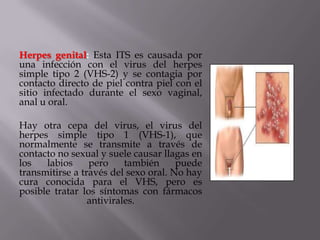 Herpes genital: Esta ITS es causada por
una infección con el virus del herpes
simple tipo 2 (VHS-2) y se contagia por
contacto directo de piel contra piel con el
sitio infectado durante el sexo vaginal,
anal u oral.

Hay otra cepa del virus, el virus del
herpes simple tipo 1 (VHS-1), que
normalmente se transmite a través de
contacto no sexual y suele causar llagas en
los   labios     pero     también     puede
transmitirse a través del sexo oral. No hay
cura conocida para el VHS, pero es
posible tratar los síntomas con fármacos
                 antivirales.
 