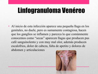 Linfogranuloma Venéreo
• Al inicio de esta infección aparece una pequeña llaga en los
genitales, no duele, pero es sumamente contagiosa, hacen
que los ganglios se inflamen y parezca lo que comúnmente
conocemos como “secas” aparecen llagas que producen pus
café sanguinolento y con muy mal olor, además producen
escalofríos, dolor de cabeza, falta de apetito y dolores de
abdomen y articulaciones
 