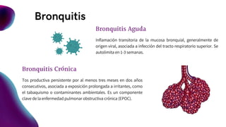 Bronquitis
Bronquitis Aguda
Inflamación transitoria de la mucosa bronquial, generalmente de
origen viral, asociada a infección del tracto respiratorio superior. Se
autolimita en 1-3 semanas.
Bronquitis Crónica
Tos productiva persistente por al menos tres meses en dos años
consecutivos, asociada a exposición prolongada a irritantes, como
el tabaquismo o contaminantes ambientales. Es un componente
clave de la enfermedad pulmonar obstructiva crónica (EPOC).
 