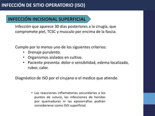 INFECCIÓN DE SITIO OPERATORIO (ISO)
INFECCIÓN INCISIONAL SUPERFICIAL
Infección que aparece 30 días posteriores a la cirugía, que
compromete piel, TCSC y musculo por encima de la fascia.
Cumple por lo menos uno de los siguientes criterios:
• Drenaje purulento.
• Organismos aislados en cultivo.
• Paciente presenta: dolor o sensibilidad, edema localizado,
rubor, calor.
Diagnóstico de ISO por el cirujano o el medico que atiende.
 