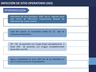 INFECCIÓN DE SITIO OPERATORIO (ISO)
EPIDEMIOLOGÍA
Infecciones del sitio quirúrgico (ISQ) son la segunda causa
más común de infecciones nosocomiales después de
infecciones del tracto urinario.
Cada ISO supone un incremento medio de 7.3 días de
estancia postoperatoria.
2% - 5% de pacientes con cirugía limpia extraabdominal y
hasta 20% de pacientes con cirugías intraabdominales
desarrollan una ISQ.
Mayor probabilidad de morir, 60% más de ser admitidos en
UCI y 5 veces más de ser hospitalizados.
 