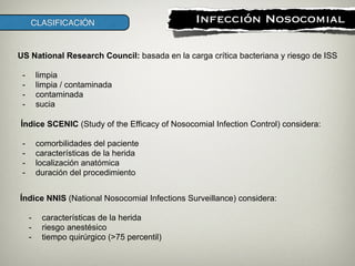CLASIFICACIÓN
US National Research Council: basada en la carga crítica bacteriana y riesgo de ISS
!
- limpia
- limpia / contaminada
- contaminada
- sucia
Índice SCENIC (Study of the Efficacy of Nosocomial Infection Control) considera:
!
- comorbilidades del paciente
- características de la herida
- localización anatómica
- duración del procedimiento
Índice NNIS (National Nosocomial Infections Surveillance) considera:
!
- características de la herida
- riesgo anestésico
- tiempo quirúrgico (>75 percentil)
!
Infección Nosocomial
 
