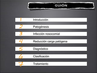 !
GUIÓN
Introducción
Patogénesis
Reducción carga patógena
Diagnóstico
Clasificación
Infección nosocomial
Tratamiento
1
2
3
4
5
6
7
 