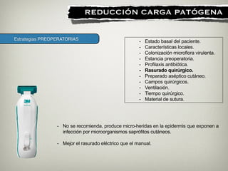 Estrategias PREOPERATORIAS
!
REDUCCIÓN CARGA PATÓGENA
- Estado basal del paciente.
- Características locales.
- Colonización microflora virulenta.
- Estancia preoperatoria.
- Profilaxis antibiótica.
- Rasurado quirúrgico.
- Preparado aséptico cutáneo.
- Campos quirúrgicos.
- Ventilación.
- Tiempo quirúrgico.
- Material de sutura.
- No se recomienda, produce micro-heridas en la epidermis que exponen a
infección por microorganismos saprófitos cutáneos.
!
- Mejor el rasurado eléctrico que el manual.
 