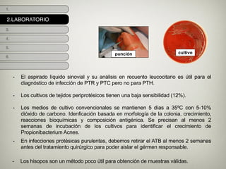 2.LABORATORIO
1.
3.
4.
5.
6.
!
- El aspirado líquido sinovial y su análisis en recuento leucocitario es útil para el
diagnóstico de infección de PTR y PTC pero no para PTH.
!
- Los cultivos de tejidos periprotésicos tienen una baja sensibilidad (12%).
!
- Los medios de cultivo convencionales se mantienen 5 días a 35ºC con 5-10%
dióxido de carbono. Idenficación basada en morfología de la colonia, crecimiento,
reacciones bioquímicas y composición antigénica. Se precisan al menos 2
semanas de incubación de los cultivos para identificar el crecimiento de
Propionibacterium Acnes.
punción cultivo
- En infecciones protésicas purulentas, debemos retirar el ATB al menos 2 semanas
antes del tratamiento quirúrgico para poder aislar el gérmen responsable.
- Los hisopos son un método poco útil para obtención de muestras válidas.
 