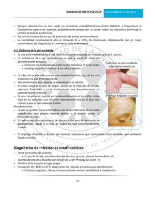 [UNIDAD DE INFECTOLOGÍA] Universidad de La Frontera



 Aunque clásicamente se han usado las penicilinas antiestafilocócicas (como Nafcillina o Cloxacilina), la
  Clindamicina parece ser superior, probablemente porque por su acción sobre los ribosomas disminuye la
  síntesis de toxinas bacterianas.
 No hay inconvenientes en usar la asociación de ambos antimicrobianos.
 La mortalidad, relativamente alta al comienzo (5 a 10%), ha disminuido notablemente con un mejor
  conocimiento del diagnóstico y tratamiento de la enfermedad.

G.3. Sindrome de la piel escaldada
 Es una enfermedad debida a una toxina exfoliativa producida por ciertas cepas de S. aureus.
 La exfoliacina destruye desmosomas en piel y según la edad del
  paciente puede provocar:                                                    Síndrome de piel escaldada
       Síndrome de piel Escaldada o Dermatitis Exfoliativa en lactantes
                                                                                 o dermatitis exfoliativa
       Impétigo Ampollar o Buloso  en niños y adultos


 La infección puede ubicarse en una variedad de sitios; uno de los más
  frecuentes ha sido rinitis purulenta.
 Este síndrome ha sido descrito ocasionalmente en adultos.
 En niños mayores el foco de origen puede ser la infección de heridas
  menores, forúnculos u otras localizaciones que frecuentemente no
  concitan mucha atención.
 Es una complicación que se ve fundamentalmente en los niños, sobre          Impétigo Ampollar o Buloso
  todo en los lactantes (una onfalitis relativamente leve es el foco más
  común) y que es rara sobre los 5 años.
Manifestaciones
 La piel es sensible y muy eritematosa, con desprendimiento de las capas
  superficiales, que pueden hacerse deslizar a la presión suave, y
  formación de bulas.
 El rash es seguido rápidamente de descamación, pero la reparación es
  generalmente rápida si el foco de origen ha sido convenientemente
  tratado.

 El Impétigo Ampollar o Buloso son lesiones vesiculares que evolucionan hacia ampollas que contienen
  líquido amarillo.


Diagnóstico de infecciones estafilocócicas.
 Toma de muestra de la lesión:
      Ej: pus de herida, punción o drenaje absceso, punción pleural, hemocultivo, etc.
 Examen directo de la muestra con tinción de Gram  cocáceas Gram (+)
 Siembra de la muestra en agar sangre
 Incubación 18 - 48 hrs a 37°C, observación de colonias y pruebas para identificación:
      Catalasa, coagulasa, DNasa, fermentación de manitol, sensibilidad a novobiocina



                                                     15
 