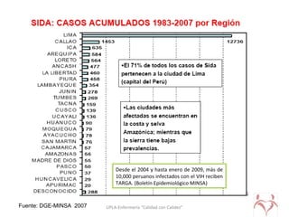 UPLA-Enfermería “Calidad con Calidez” 7Fuente: DGE-MINSA 2007
Desde el 2004 y hasta enero de 2009, más de
10,000 peruanos infectados con el VIH reciben
TARGA. (Boletín Epidemiológico MINSA)
 