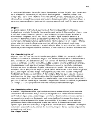 dois
A causa desencadeante da diarreia é a invasão da mucosa do intestino delgado, com a consequente
lesão do epitélio. Caracteriza-se por um período de incubação de 12 a 48 horas, diarreia com
duração de 2 a 6 dias com 8 a 15 fezes abundantes e fétidas, mais ou menos aquosas, náuseas,
vômitos, febre com calafrios, anorexia, astenia, dores de cabeça, dor cólicas abdominais difusas e,
raramente, desidratação com hipotensão e choque que podem levar à insuficiência renal aguda.
Shigelose
As quatro espécies de Shigella: S. dysenteriae, S. flexneri,S. boydiiSS.sonneieles estão
implicados na produção de diarréia chamada disenteria bacilar. A shigelose afeta crianças entre
6 e 10 anos, durante os meses quentes e causa epidemias em comunidades fechadas. A
transmissão é sempre de pessoa para pessoa, através da água, alimentos e fômites. A
quantidade de microrganismos que deve ser ingerida é muito pequena, mas esse pequeno
número de bactérias se multiplica rapidamente no intestino delgado e, em cerca de 12 horas,
atinge altas concentrações. Raramente penetram além da submucosa, de modo que a
bacteremia é rara. O quadro clínico é caracterizado por: febre, dor abdominal em cólica e baixa
desidratação. Diarréia porS.sonneié autolimitado, dura 1-2 semanas e às vezes é assintomático.
Diarréia porEscherichia coli
Algumas cepas deE. coli, denominados enteropatogênicos (ECEP), são capazes de produzir
diarreia por colonização do intestino delgado, mas não são invasivos e não produzem toxinas.
Seria considerado uma disbacteriose. Sua ação consiste em destruir as microvilosidades e
aderir as bactérias à superfície luminal lesada. São causas de enterite epidêmica em crianças.
Outras cepas de E. coli, as enteroinvasivas (EIEC), podem penetrar nas células epiteliais do
intestino, de forma semelhante à Shigella, que produz um quadro clínico semelhante ao da
disenteria bacilar. A capacidade de produção de toxinas de cepas deE. coli, os enterotoxigênicos
(ETEC), dão origem à diarreia do tipo colérico pela ativação da adenil ciclase e secreção de
fluidos com perda de água e eletrólitos. A diarréia típica do turista ou do viajante é causada
principalmente por essas cepas, bem como diarréia tropical e enterite infantil. Nos últimos
anos, outras cepas de E. coli foram descritas, as chamadas cepas entero-hemorrágicas (EHEC),
produtoras de colite hemorrágica, ou diarreia sanguinolenta sem febre. Essas cepas pertencem
ao sorotipo O 157:H7 que produzem síndrome hemolítico-urêmica em crianças.
Diarréia porCampylobacter jejuni
É uma causa frequente de diarreia, especialmente em climas quentes e em crianças com menos de 2
anos de idade. Seu mecanismo de ação é invasivo, mas a produção de uma toxina termoestável foi
confirmada em alguns casos. A epidemiologia é semelhante à da salmonelose em muitos aspectos: os
surtos epidêmicos geralmente são causados pela contaminação do leite, água e alimentos, de um
reservatório animal, embora também possam ser transmitidos de pessoa para pessoa. A infecção
geralmente ocorre no intestino delgado e às vezes afeta o cólon. Às vezes ocorre bacteremia. Um
episódio agudo de diarréia com duração de alguns dias é comum com pouco efeito sobre o estado geral;
outras vezes apresenta febre alta, calafrios, dor abdominal, mialgias e diarreia aquosa e sanguinolenta,
principalmente em crianças.
Diarréia por Yersinia
 