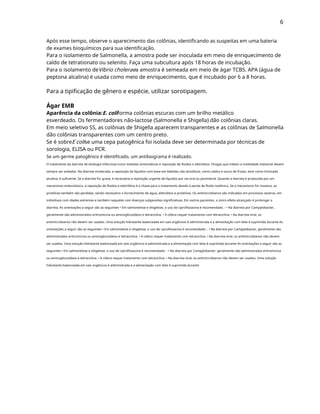 6
Após esse tempo, observe o aparecimento das colônias, identificando as suspeitas em uma bateria
de exames bioquímicos para sua identificação.
Para o isolamento de Salmonella, a amostra pode ser inoculada em meio de enriquecimento de
caldo de tetrationato ou selenito. Faça uma subcultura após 18 horas de incubação.
Para o isolamento deVibrio choleraea amostra é semeada em meio de ágar TCBS. APA (água de
peptona alcalina) é usada como meio de enriquecimento, que é incubado por 6 a 8 horas.
Para a tipificação de gênero e espécie, utilizar sorotipagem.
Ágar EMB
Aparência da colônia:E. coliforma colônias escuras com um brilho metálico
esverdeado. Os fermentadores não-lactose (Salmonella e Shigella) dão colônias claras.
Em meio seletivo SS, as colônias de Shigella aparecem transparentes e as colônias de Salmonella
dão colônias transparentes com um centro preto.
Se é sobreE colise uma cepa patogênica foi isolada deve ser determinada por técnicas de
sorologia, ELISA ou PCR.
Se um germe patogênico é identificado, um antibiograma é realizado.
O tratamento da diarreia de etiologia infecciosa inclui medidas sintomáticas e reposição de fluidos e eletrólitos. Drogas que inibem a motilidade intestinal devem
sempre ser evitadas. Na diarreia moderada, a reposição de líquidos com base em bebidas não alcoólicas, como caldos e sucos de frutas, bem como limonada
alcalina, é suficiente. Se a diarreia for grave, é necessária a reposição urgente de líquidos por via oral ou parenteral. Quando a diarreia é produzida por um
mecanismo enterotóxico, a reposição de fluidos e eletrólitos é a chave para o tratamento devido à perda de fluido isotônico. Se o mecanismo for invasivo, as
proteínas também são perdidas, sendo necessário o fornecimento de água, eletrólitos e proteínas. Os antimicrobianos são indicados em processos severos, em
indivíduos com idades extremas e também naqueles com doenças subjacentes significativas. Em outros pacientes, o único efeito alcançado é prolongar a
diarreia. As orientações a seguir são as seguintes • Em salmonelose e shigelose, o uso de ciprofloxacina é recomendado. : • Na diarreia por Campylobacter,
geralmente são administrados eritromicina ou aminoglicosídeos e tetraciclina. • A cólera requer tratamento com tetraciclina. • Na diarreia viral, os
antimicrobianos não devem ser usados. Uma solução hidratante balanceada em sais orgânicos é administrada e a alimentação com leite é suprimida durante As
orientações a seguir são as seguintes • Em salmonelose e shigelose, o uso de ciprofloxacina é recomendado. : • Na diarreia por Campylobacter, geralmente são
administrados eritromicina ou aminoglicosídeos e tetraciclina. • A cólera requer tratamento com tetraciclina. • Na diarreia viral, os antimicrobianos não devem
ser usados. Uma solução hidratante balanceada em sais orgânicos é administrada e a alimentação com leite é suprimida durante As orientações a seguir são as
seguintes • Em salmonelose e shigelose, o uso de ciprofloxacina é recomendado. : • Na diarreia por Campylobacter, geralmente são administrados eritromicina
ou aminoglicosídeos e tetraciclina. • A cólera requer tratamento com tetraciclina. • Na diarreia viral, os antimicrobianos não devem ser usados. Uma solução
hidratante balanceada em sais orgânicos é administrada e a alimentação com leite é suprimida durante
 