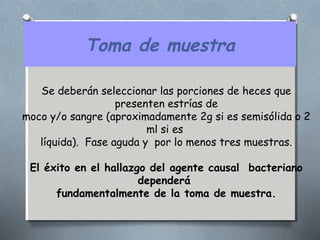 Toma de muestra 
Se deberán seleccionar las porciones de heces que 
presenten estrías de 
moco y/o sangre (aproximadamente 2g si es semisólida o 2 
ml si es 
líquida). Fase aguda y por lo menos tres muestras. 
El éxito en el hallazgo del agente causal bacteriano 
dependerá 
fundamentalmente de la toma de muestra. 
 
