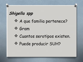 Shigella spp 
 A que familia pertenece? 
 Gram 
 Cuantos serotipos existen. 
 Puede producir SUH? 
 