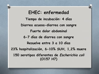 EHEC: enfermedad 
Tiempo de incubación: 4 días 
Diarrea acuosa-diarrea con sangre 
Fuerte dolor abdominal 
6-7 días de diarrea con sangre 
Resuelve entre 3 a 10 días 
23% hospitalización, 6-10% SUH, 1,2% muere 
150 serotipos diferentes de Escherichia coli 
(O157 H7) 
 