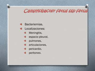 Bacteriemias. 
Localizaciones: 
Meningitis, 
espacio pleural, 
pulmones, 
articulaciones, 
pericardio, 
peritoneo. 
 