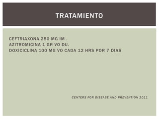 CEFTRIAXONA 250 MG IM .
AZITROMICINA 1 GR VO DU.
DOXICICLINA 100 MG VO CADA 12 HRS POR 7 DIAS
CENTERS FOR DISEASE AND PREVENTION 2011
TRATAMIENTO
 