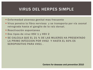  Enfermedad ulcerosa genital mas frecuente
 Virus penetra la fibra nerviosa y se transporta por vía axonal
retrograda hasta el ganglio de la raíz dorsal.
 Reactivación espontanea
 Dos tipos de viruz HSV 1 y HSV 2
 SE CALCULA QUE EL 21 % DE LAS MUJERES HA PRESENTADO
LA PRIMO INFECCION POR VHS2 Y HASTA EL 60% ES
SEROPOSITIVO PARA VHS1 .
VIRUS DEL HERPES SIMPLE
Centers for desease and prevention 2010
 