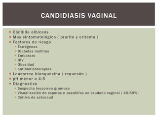  Cándida albicans
 Mas sintomatológica ( prurito y eritema )
 Factores de riesgo
 Estrógenos
 Diabetes mellitus
 Embarazo
 HIV
 Obesidad
 antibioticoterapias
 Leucorrea blanquecina ( requesón )
 pH menor a 4.5
 Diagnostico
 Sospecha leucorrea grumosa
 Visualización de esporas o pseuhifas en exudado vaginal ( 40-60%)
 Cultivo de saboraud
CANDIDIASIS VAGINAL
 