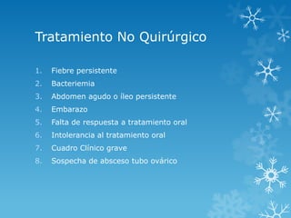 Tratamiento No Quirúrgico
1.

Fiebre persistente

2.

Bacteriemia

3.

Abdomen agudo o íleo persistente

4.

Embarazo

5.

Falta de respuesta a tratamiento oral

6.

Intolerancia al tratamiento oral

7.

Cuadro Clínico grave

8.

Sospecha de absceso tubo ovárico

 
