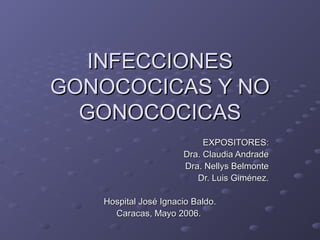 INFECCIONESINFECCIONES
GONOCOCICAS Y NOGONOCOCICAS Y NO
GONOCOCICASGONOCOCICAS
EXPOSITORES:EXPOSITORES:
Dra. Claudia AndradeDra. Claudia Andrade
Dra. Nellys BelmonteDra. Nellys Belmonte
Dr. Luis Giménez.Dr. Luis Giménez.
Hospital José Ignacio Baldo.Hospital José Ignacio Baldo.
Caracas, Mayo 2006.Caracas, Mayo 2006.
 