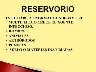 ES EL HÁBITAT NORMAL DONDE VIVE, SE MULTIPLICA O CRECE EL AGENTE INFECCIOSO. HOMBRE ANIMALES ARTRÓPODOS PLANTAS SUELO O MATERIAS INANIMADAS 