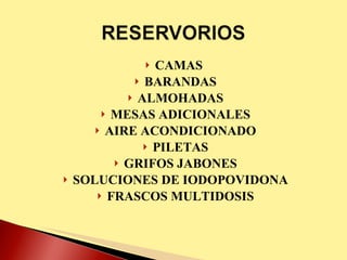 CAMAS  BARANDAS ALMOHADAS MESAS ADICIONALES AIRE ACONDICIONADO PILETAS GRIFOS JABONES SOLUCIONES DE IODOPOVIDONA FRASCOS MULTIDOSIS 