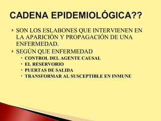SON LOS ESLABONES QUE INTERVIENEN EN LA APARICIÓN Y PROPAGACIÓN DE UNA ENFERMEDAD. SEGÚN QUE ENFERMEDAD CONTROL DEL AGENTE CAUSAL EL RESERVORIO PUERTAS DE SALIDA TRANSFORMAR AL SUSCEPTIBLE EN INMUNE 