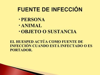 PERSONA ANIMAL OBJETO O SUSTANCIA EL HUESPED ACTÚA COMO FUENTE DE INFECCIÓN CUANDO ESTÁ INFECTADO O ES PORTADOR. 