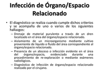 Infección de Órgano/Espacio
          Relacionado
• El diagnóstico se realiza cuando cumple dichos criterios
  y se acompa...