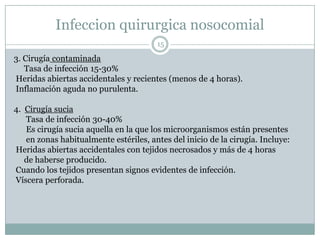 Infeccion quirurgica nosocomial
15
3. Cirugía contaminada
Tasa de infección 15-30%
Heridas abiertas accidentales y recientes (menos de 4 horas).
Inflamación aguda no purulenta.
4. Cirugía sucia
Tasa de infección 30-40%
Es cirugía sucia aquella en la que los microorganismos están presentes
en zonas habitualmente estériles, antes del inicio de la cirugía. Incluye:
Heridas abiertas accidentales con tejidos necrosados y más de 4 horas
de haberse producido.
Cuando los tejidos presentan signos evidentes de infección.
Víscera perforada.
 