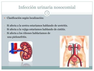 Infección urinaria nosocomial
8
 Clasificación según localización:
- Si afecta a la uretra estaríamos hablando de uretritis.
- Si afecta a la vejiga estaríamos hablando de cistitis.
- Si afecta a los riñones hablaríamos de
una pielonefritis.
 