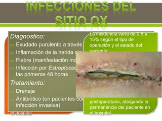 La incidencia varía de 0,5 a
15% según el tipo de
operación y el estado del
paciente.
Representan un problema
grave que limita los
beneficios potenciales de las
intervenciones quirúrgicas.
Tienen una gran repercusión
en los costos de
hospitalización y en la
duración de la estadía
postoperatoria, alargando la
permanencia del paciente en
el hospital
Diagnostico:
 Exudado purulento a través de la incisión
 Inflamación de la herida sin exudación
 Fiebre (manifestación inconstante)
 Infección por Estreptococos pyogenes se manifiesta en
las primeras 48 horas
Tratamiento:
 Drenaje
 Antibiótico (en pacientes con fiebre, taquicardia o
infección invasiva)
La incidencia varía de 0,5 a
15% según el tipo de
operación y el estado del
paciente.
Representan un problema
grave que limita los
beneficios potenciales de las
intervenciones quirúrgicas.
Tienen una gran repercusión
en los costos de
hospitalización y en la
duración de la estadía
postoperatoria, alargando la
permanencia del paciente en
el hospital
 