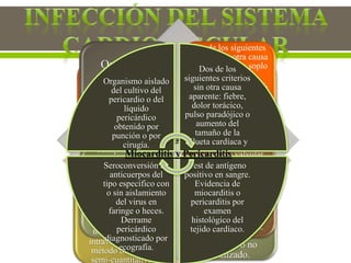 Organismo aislado
del cultivo de
arterias o venas
obtenidas durante
cirugía y
hemocultivo
negativo o no
realizado.
Evidencia de
infección en la
zona vascular
afectada observada
durante la cirugía o
por examen
histopatológico.
Uno de los siguientes:
fiebre (38ºC), dolor,
eritema o calor en la
zona vascular afectada
y los dos criterios
siguientes: Cultivo de
más de 15 colonias en
el extremo del catéter
intravascular por el
método de cultivo
semi-cuantitativo.
Hemocultivo
negativo o no
realizado. Drenaje
purulento de la
zona vascular
afectada y
hemocultivo
negativo o no
realizado.
Infección Arterial y Venosa
Organismo
aislado del
cultivo de la
válvula o
vegetación,
Dos de los siguientes
criterios sin otra causa
aparente: fiebre, soplo
nuevo diferente,
fenómenos embolicas,
manifestaciones
cutáneas, insuficiencia
cardíaca congestiva o
trastornos de la
conducción cardíaca
cualquiera de los
siguientes criterios:
Germen aislado en
dos hemocultivos,
organismos
visualizados bajo
tinción de Gram de la
válvula cuando el
cultivo es negativo o
no se ha efectuado.
Vegetación valvular
observada durante la
intervención
quirúrgica o durante la
autopsia. Detección de
antígenos en sangre o
en orina. Evidencia de
una nueva vegetación
mediante ecografía.
Organismo aislado
del cultivo del
pericardio o del
líquido
pericárdico
obtenido por
punción o por
cirugía.
Dos de los
siguientes criterios
sin otra causa
aparente: fiebre,
dolor torácico,
pulso paradójico o
aumento del
tamaño de la
silueta cardíaca y
Test de antígeno
positivo en sangre.
Evidencia de
miocarditis o
pericarditis por
examen
histológico del
tejido cardíaco.
Seroconversión de
anticuerpos del
tipo específico con
o sin aislamiento
del virus en
faringe o heces.
Derrame
pericárdico
diagnosticado por
ecografía.
Miocarditis y Pericarditis
 