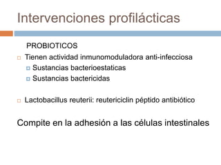 Intervenciones profilácticas
PROBIOTICOS
 Tienen actividad inmunomoduladora anti-infecciosa
 Sustancias bacterioestaticas
 Sustancias bactericidas
 Lactobacillus reuterii: reutericiclin péptido antibiótico
Compite en la adhesión a las células intestinales
 