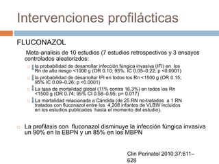 Intervenciones profilácticas
FLUCONAZOL
Meta-analisis de 10 estudios (7 estudios retrospectivos y 3 ensayos
controlados aleatorizdos:
 La profilaxis con fluconazol disminuye la infección fúngica invasiva
un 90% en la EBPN y un 85% en los MBPN
Clin Perinatol 2010;37:611–
628
 la probabilidad de desarrollar infección fúngica invasiva (IFI) en los
Rn de alto riesgo <1000 g (OR 0.10; 95%, IC 0.05–0.22; p <0.0001)
 la probabilidad de desarrollar IFI en todos los Rn <1500 g (OR 0.15;
95% IC 0.09–0.26; p <0.0001)
 La tasa de mortalidad global (11% contra 16.3%) en todos los Rn
<1500 g (OR 0.74; 95% CI 0.58–0.95; p= 0.017)
 La mortalidad relacionada a Cándida (de 25 RN no-tratados a 1 RN
tratados con fluconazol entre los 4,208 infantes de VLBW incluidos
en los estudios publicados hasta el momento del estudio).
 