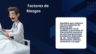 Aquéllos que reducen
los mecanismos de
defensa del
hospedador en el
pulmón y permiten el
crecimiento excesivo
de microorganismos
patógenos aspirados
(p. ej., neumopatía
obstructiva crónica,
senectud o cirugía
Factores de
Riesgos
 
