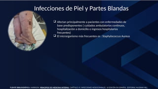 Infecciones de Piel y Partes Blandas
 Afectan principalmente a pacientes con enfermedades de
base predisponentes ( cuidados ambulatorios continuos,
hospitalización a domicilio o ingresos hospitalarios
frecuentes)
 El microrganismo más frecuentes es : Staphylococcus Aureus
FUENTE BIBLIOGRÁFICA: HARRISON. PRINCIPIOS DE MEDICINA INTERNA. CAPÍTULO 19, INFECCIONES NOSOCOMIALES. 16 EDICIÓN EN ESPAÑOL. EDITORIAL McGRAW HILL.
 