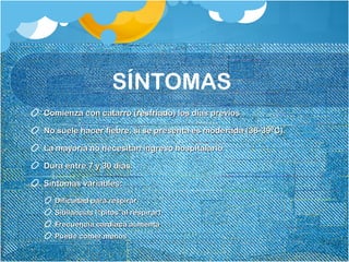 SÍNTOMAS
Comienza con catarro (resfriado) los días previosComienza con catarro (resfriado) los días previos
No suele hacer fiebre, si se presenta es moderada (38-39ºC).No suele hacer fiebre, si se presenta es moderada (38-39ºC).
La mayoría no necesitan ingreso hospitalario.La mayoría no necesitan ingreso hospitalario.
Dura entre 7 y 30 días.Dura entre 7 y 30 días.
Síntomas variables:Síntomas variables:
Dificultad para respirarDificultad para respirar
Sibilancias (“Sibilancias (“pitospitos””al respirar)al respirar)
Frecuencia cardiaca aumentaFrecuencia cardiaca aumenta
Puede comer menosPuede comer menos
 