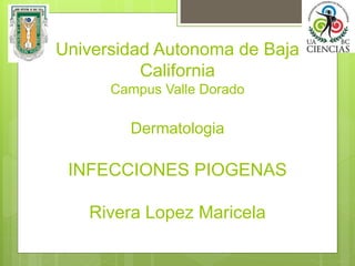 Universidad Autonoma de Baja 
California 
Campus Valle Dorado 
Dermatologia 
INFECCIONES PIOGENAS 
Rivera Lopez Maricela 
 