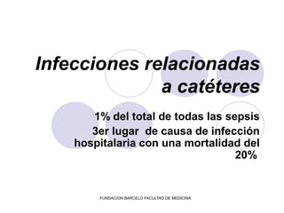 Infecciones relacionadas
              a catéteres
       1% del total de todas las sepsis
       3er lugar de causa de infección
    hospitalaria con una mortalidad del
                                   20%


        FUNDACION BARCELO FACULTAD DE MEDICINA
 