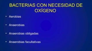 BACTERIAS CON NECESIDAD DE
OXÍGENO
• Aerobias
• Anaerobias
• Anaerobias obligadas
• Anaerobias facultativas
 