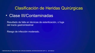 • Clase III/Contaminadas
Clasificación de Heridas Quirúrgicas
Resultado de falla en técnicas de esterilización, o fuga
del tracto gastrointestinal
Riesgo de infección moderado.
F.BRUNICARLIS, PRINCIPIOS DE CIRUGIA GENERAL NOVENA EDICION CAP 12, 2018 EEUU
 