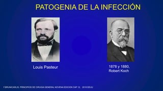 PATOGENIA DE LA INFECCIÓN
Louis Pasteur 1878 y 1880,
Robert Koch
F.BRUNICARLIS, PRINCIPIOS DE CIRUGIA GENERAL NOVENA EDICION CAP 12, 2018 EEUU
 