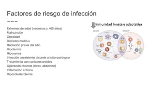 Factores de riesgo de infección
Extremos de edad (neonatos y >65 años)
Malnutrición
Obesidad
Diabetes mellitus
Radiación previa del sitio
Hipotermia
Hipoxemia
Infección coexistente distante al sitio quirúrgico
Tratamiento con corticoesteroides
Operación reciente (tórax, abdomen)
Inflamación crónica
Hipocolesterolemia
 