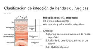 Clasificación de infección de heridas quirúrgicas
Infección incisional superficial
30 primeros días postOp
Afecta a piel y tejido celular subcutáneo
Criterios:
1. Drenaje purulento proveniente de herida
superficial
2. Aislamiento de microorganismo en un
cultivo
3. ≥1 SyS de infección
 