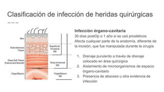 Clasificación de infección de heridas quirúrgicas
Infección órgano-cavitaria
30 días postOp o 1 año si se usó prostéticos
Afecta cualquier parte de la anatomía, diferente de
la incisión, que fue manipulada durante la cirugía
1. Drenaje purulento a través de drenaje
colocado en área quirúrgica
2. Aislamiento de microorganismos de espacio
órgano-cavitario
3. Presencia de absceso u otra evidencia de
infección
 